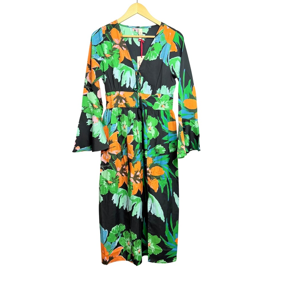 NWT Raga Womens Tropical Floral Bell Sleeve Midi Dress Black Green Orange S